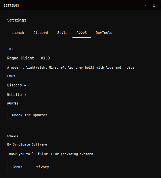 Rogue Client about and credits