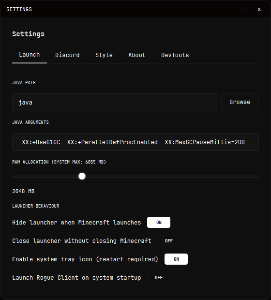 Rogue Client launch settings
