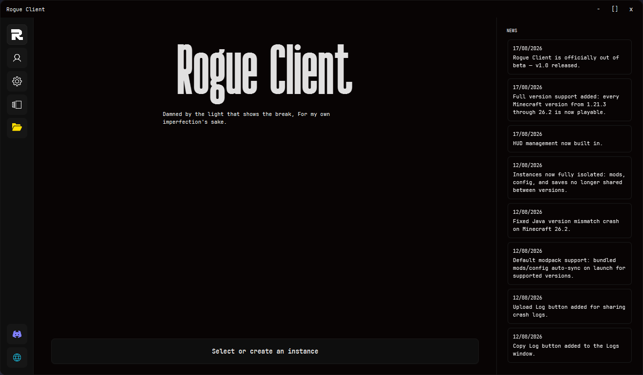 Rogue Client launcher home screen